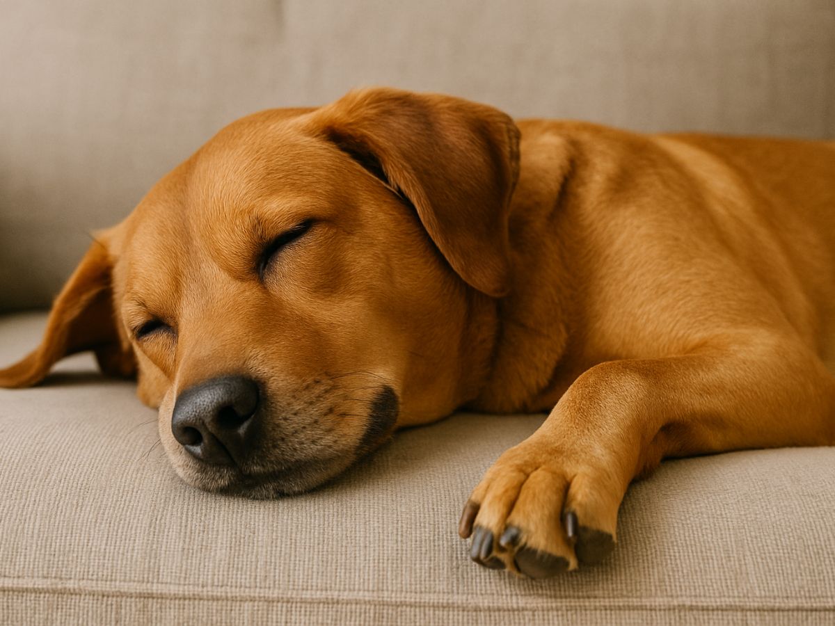 Dog sleeping on beige couch