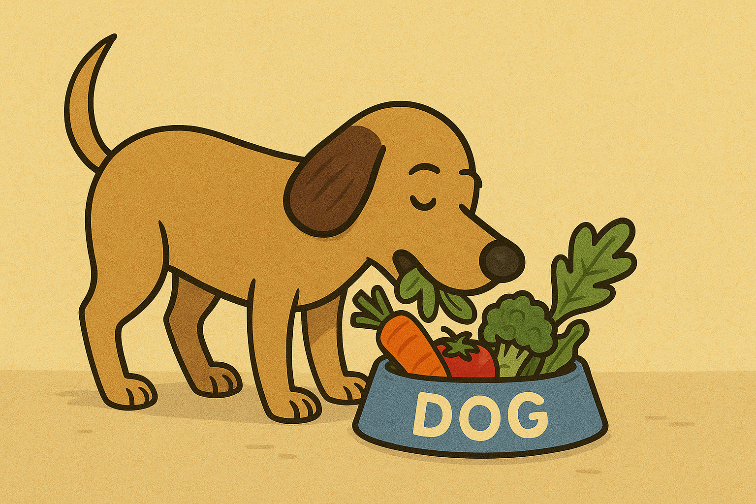 Cartoon dog eating vegetables from dog bowl
